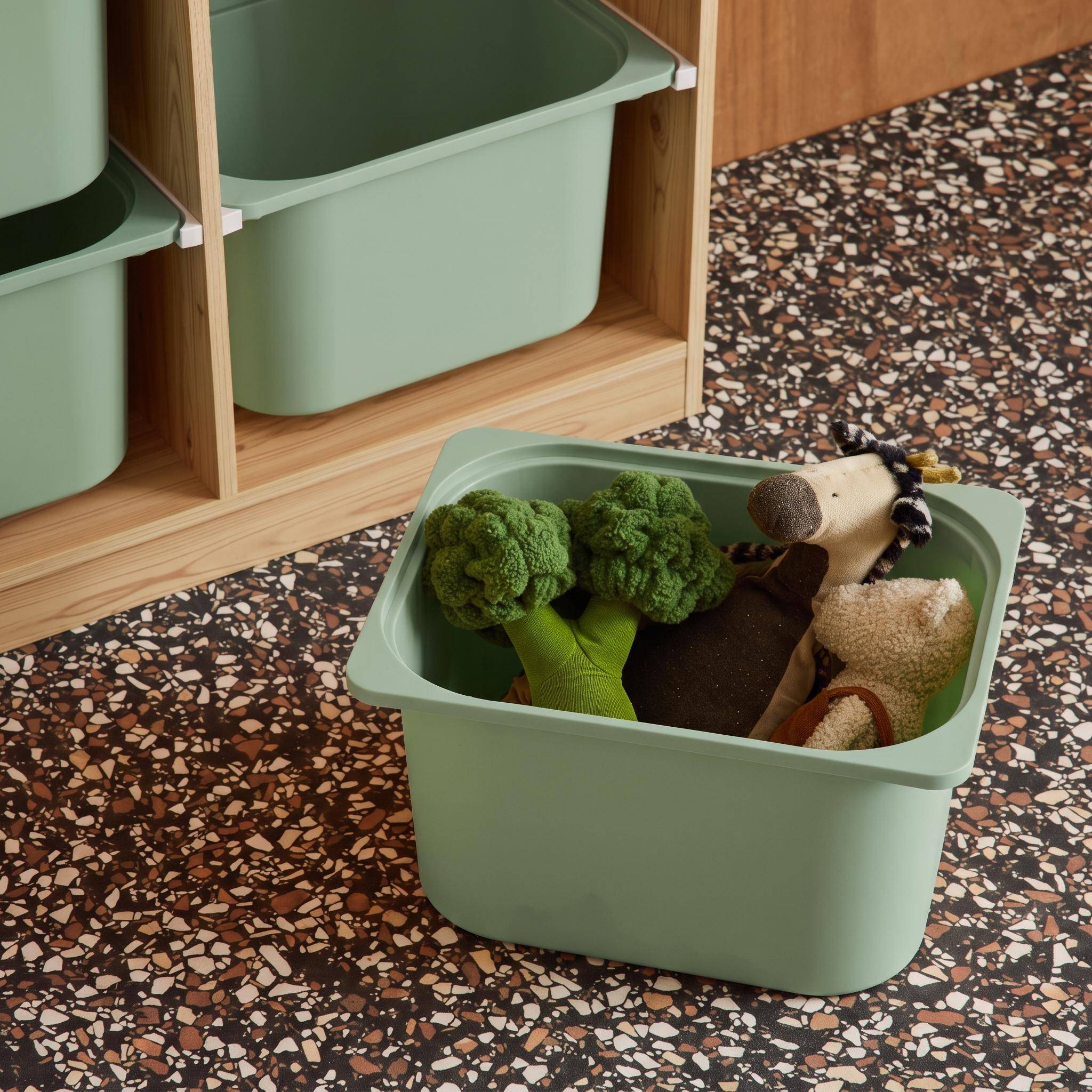 Children storage unit with 6 colourful bins, natural, greenish-grey 81x30x91 cm - Sora Photo4