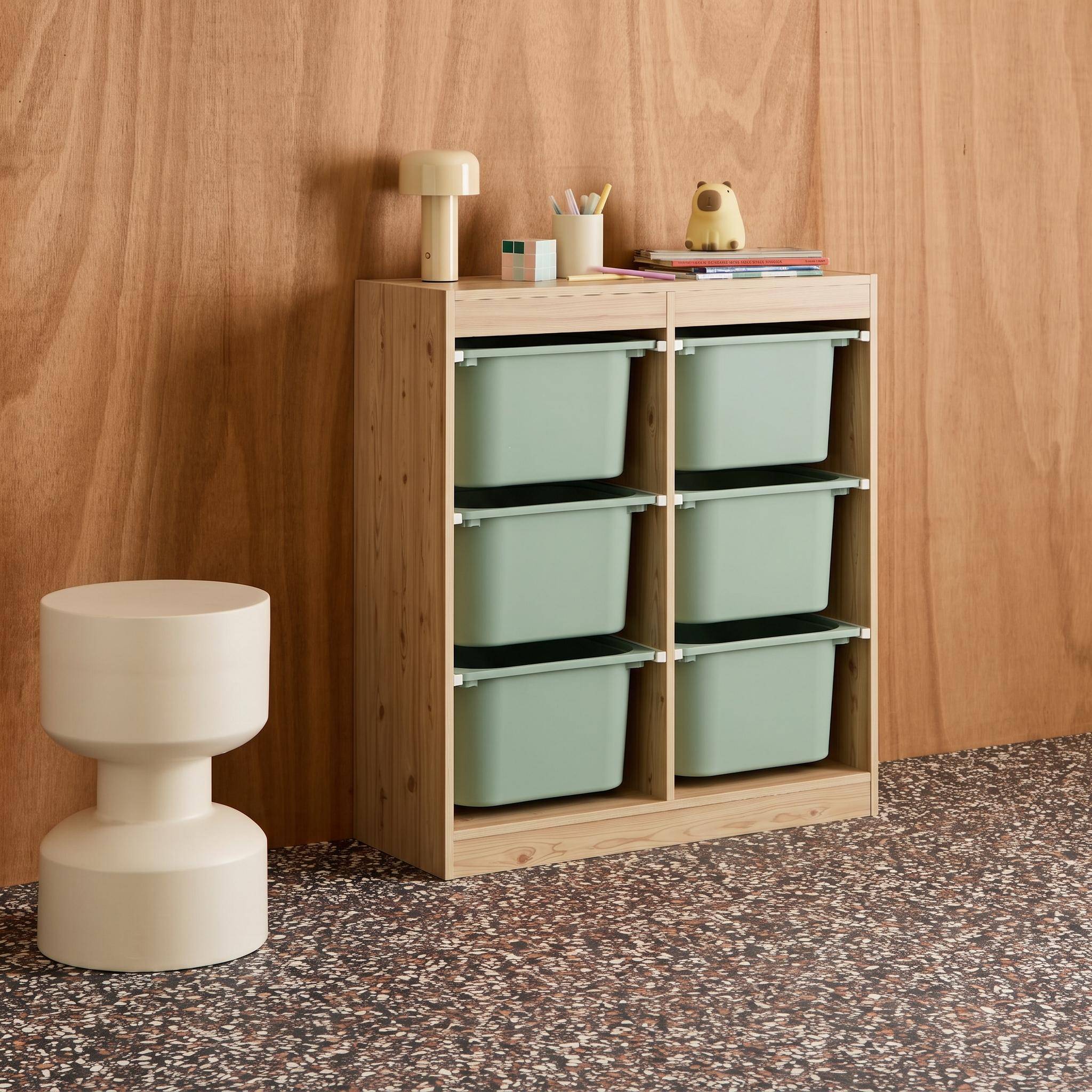 Children storage unit with 6 colourful bins, natural, greenish-grey 81x30x91 cm - Sora Photo2
