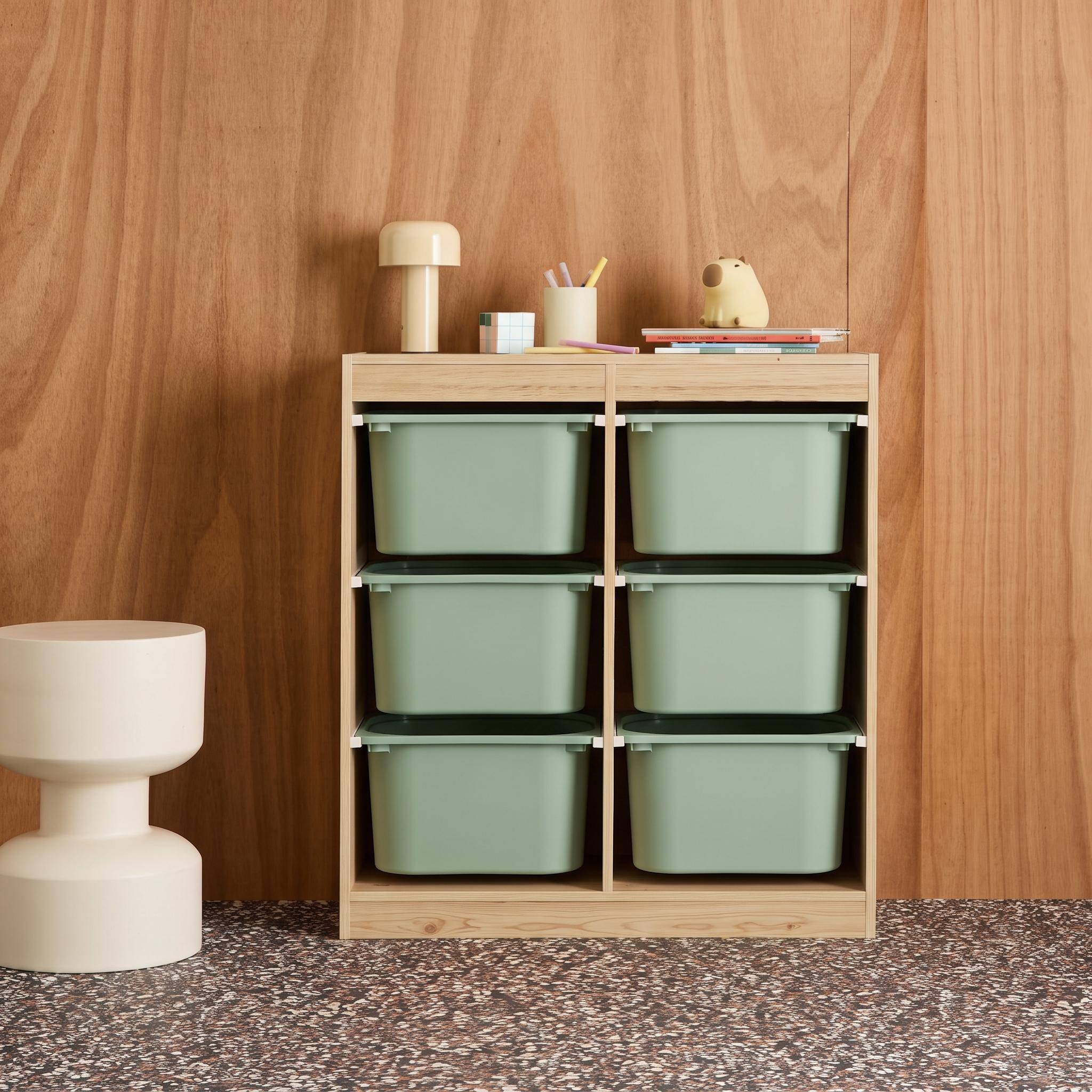 Children storage unit with 6 colourful bins, natural, greenish-grey 81x30x91 cm - Sora Photo1