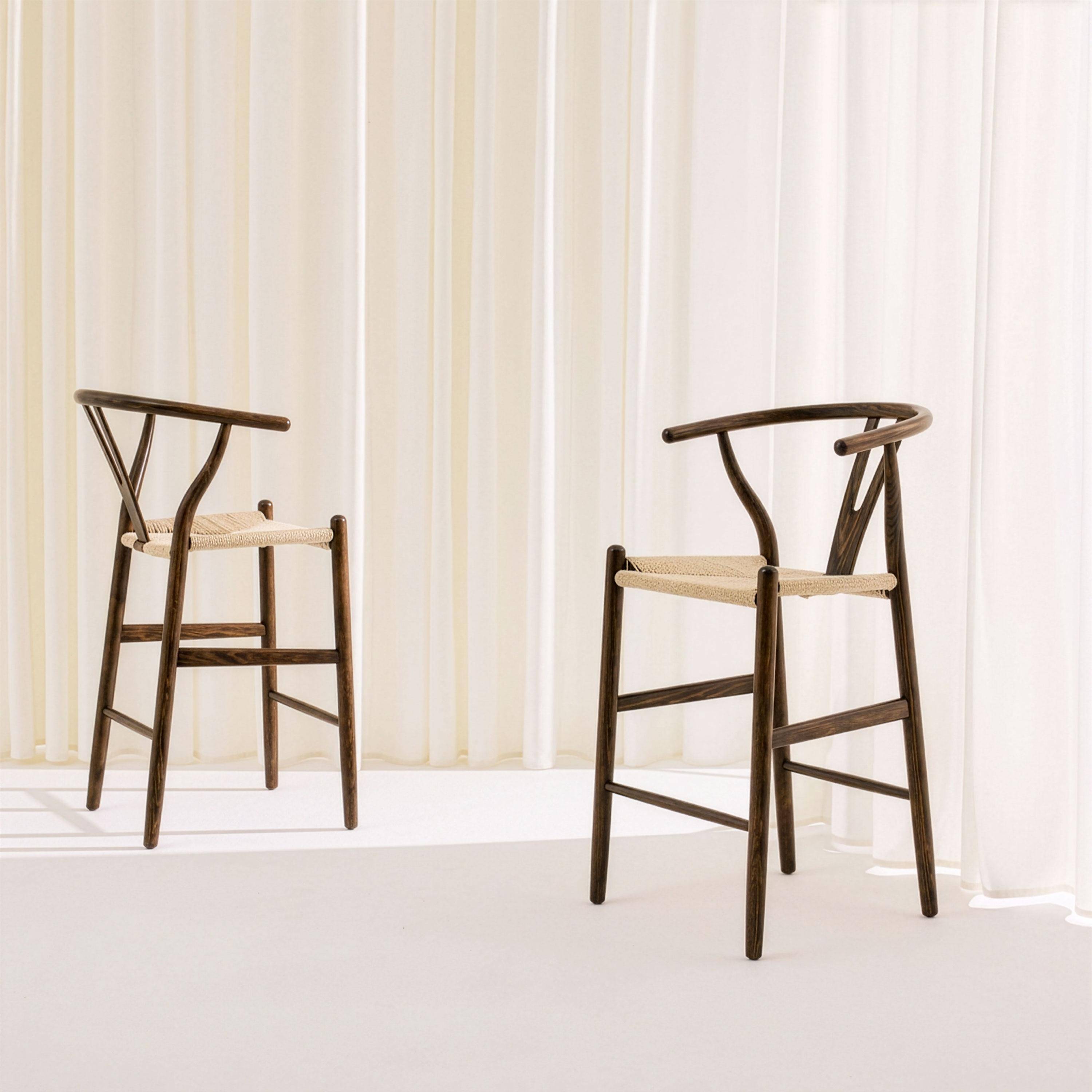 Taburete de bar vintage de madera de haya y cuerdas, set de 2 Marrón viejo - 55x55x97 cm,sweeek,Photo3