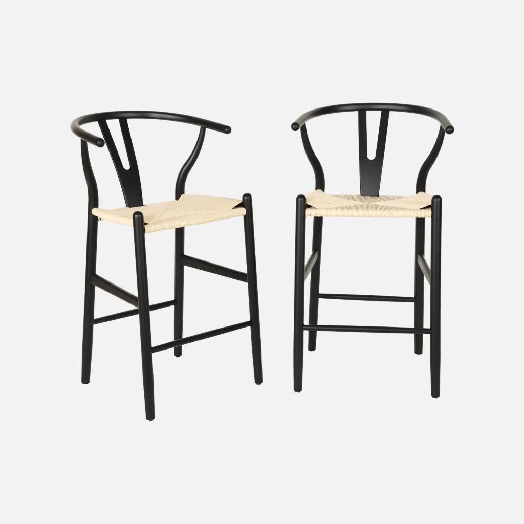 Lot de 2 tabourets de bar bois de hêtre et cordes noir