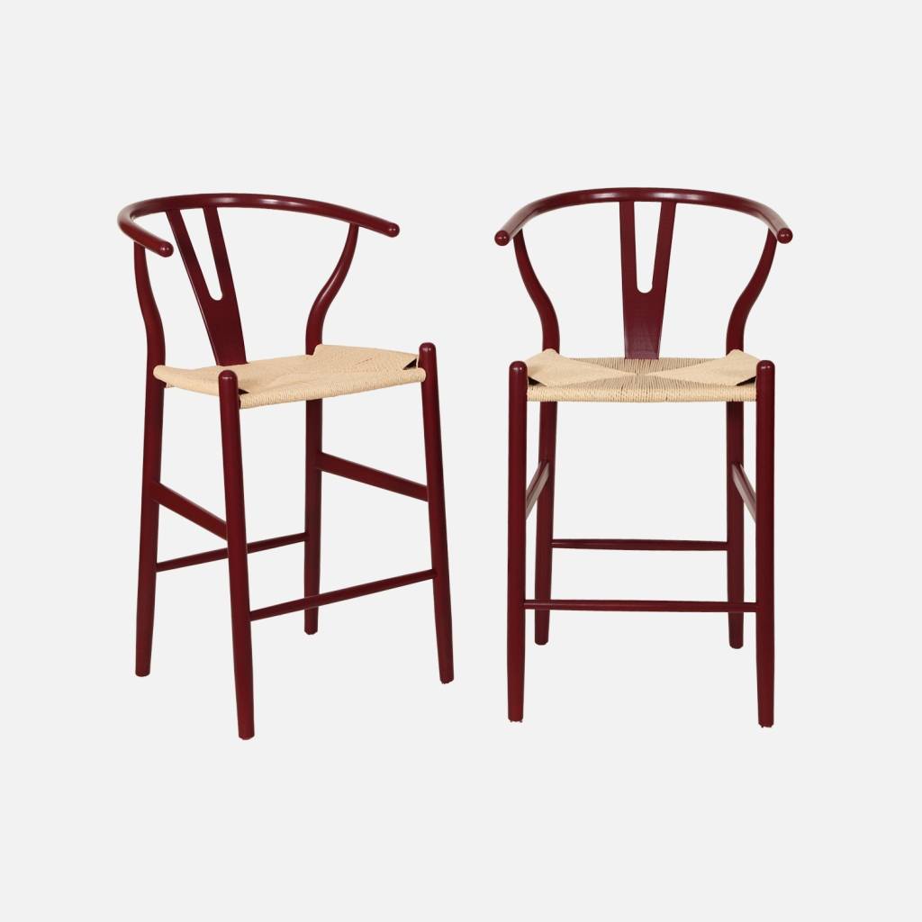 Lot de 2 tabourets de bar bois de hêtre et cordes bordeaux
