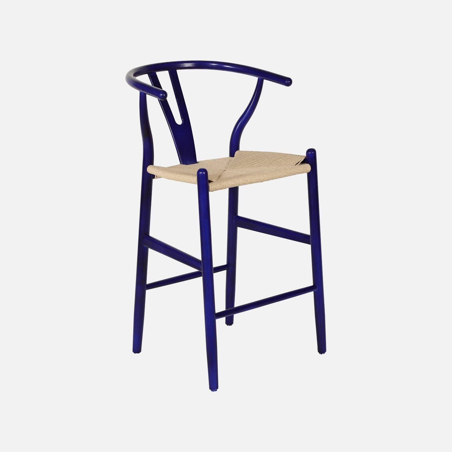 Lot de 2 tabourets de bar vintage bois de hêtre et cordes bleu - Cecile Photo2