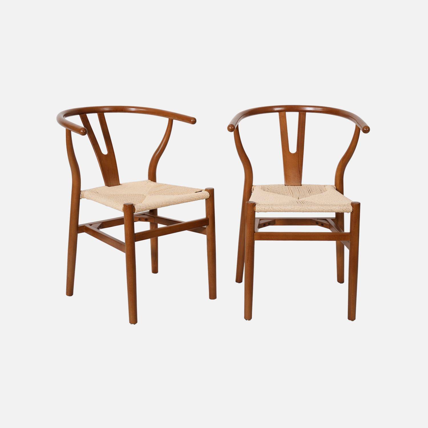 Lot de deux chaises vintage en bois d'hévéa avec assise en cordes et dossier arrondi noyer,sweeek,Photo5