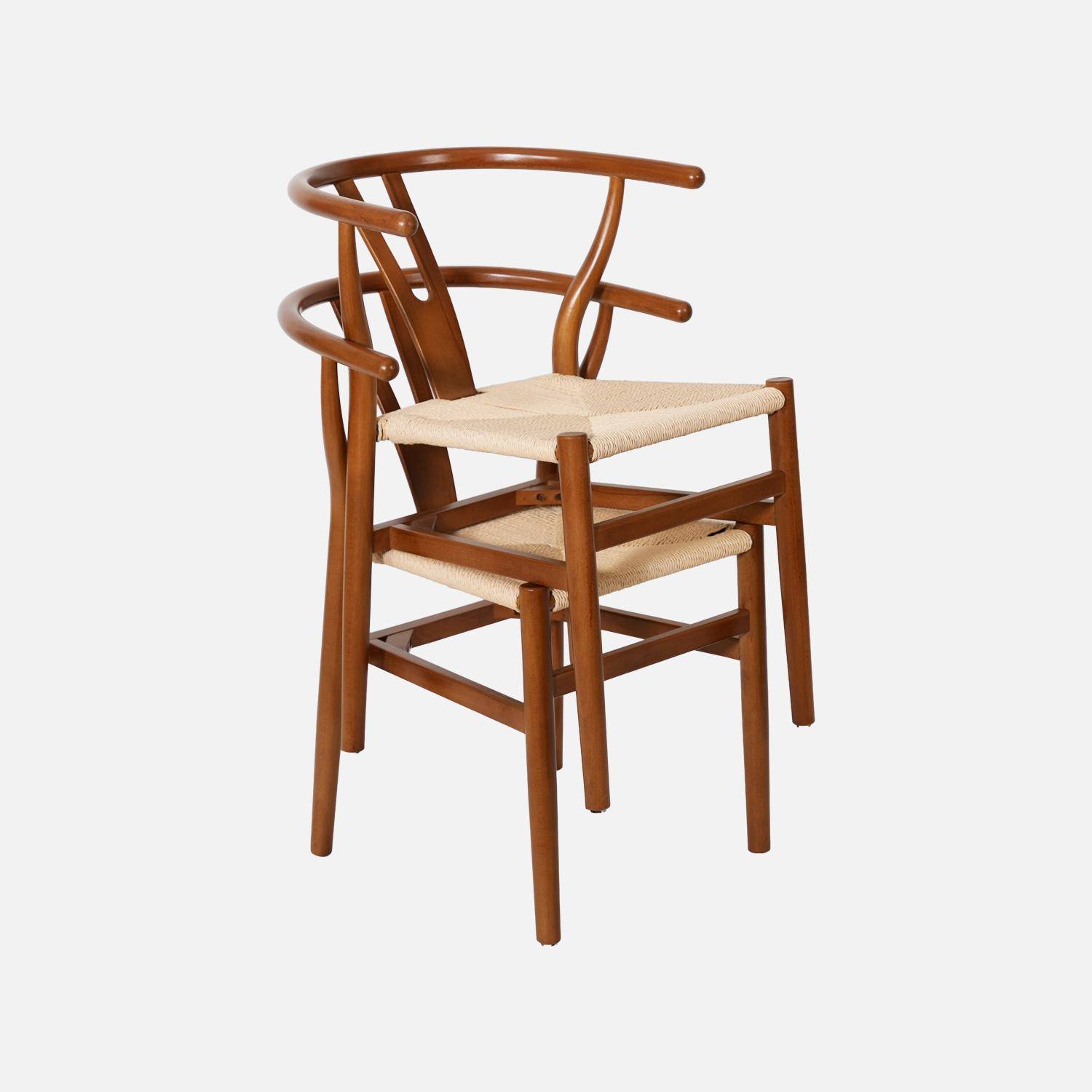 Lot de deux chaises vintage en bois d'hévéa avec assise en cordes et dossier arrondi noyer Photo6
