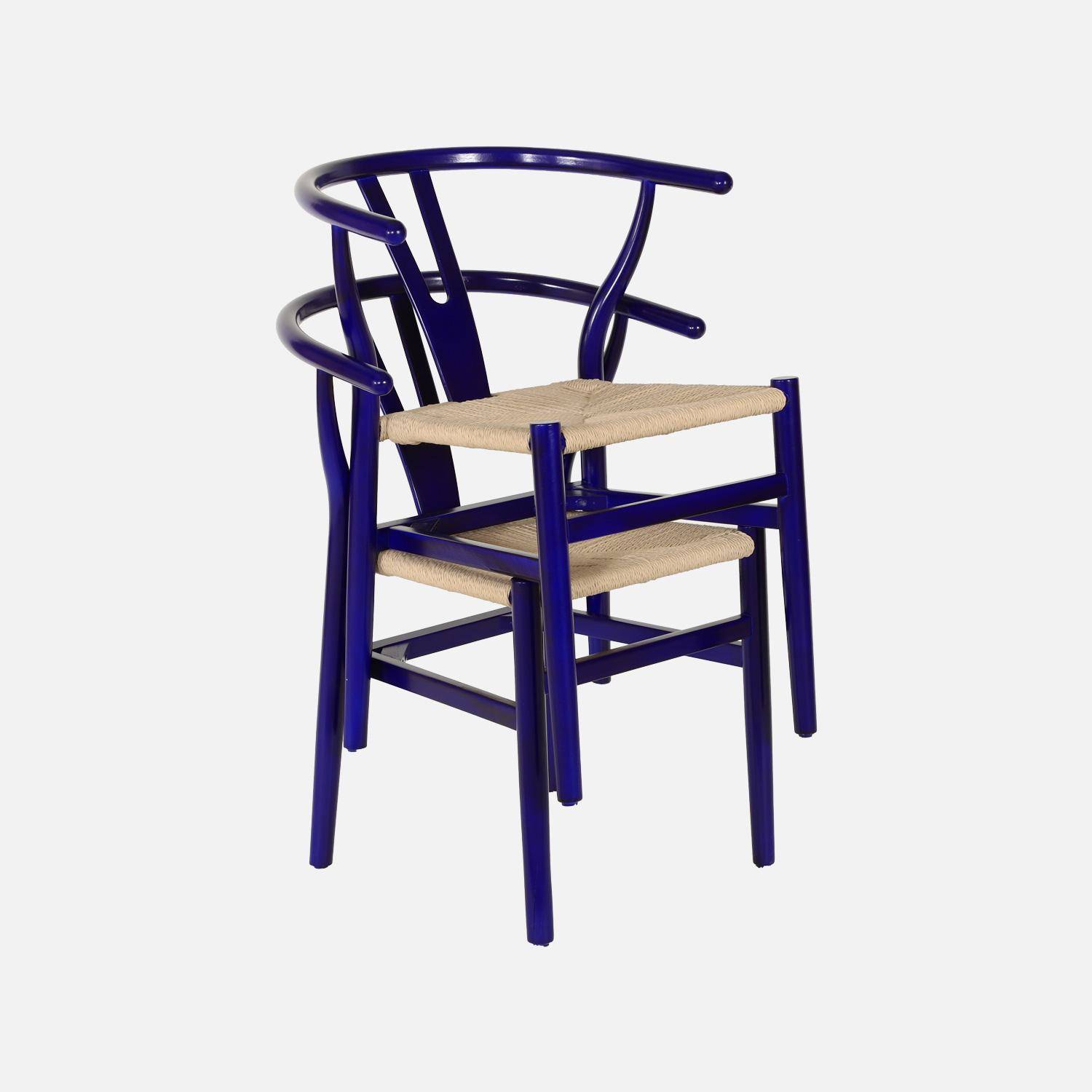 Lot de deux chaises vintage en bois d'hévéa avec assise en cordes et dossier arrondi bleu,sweeek,Photo7