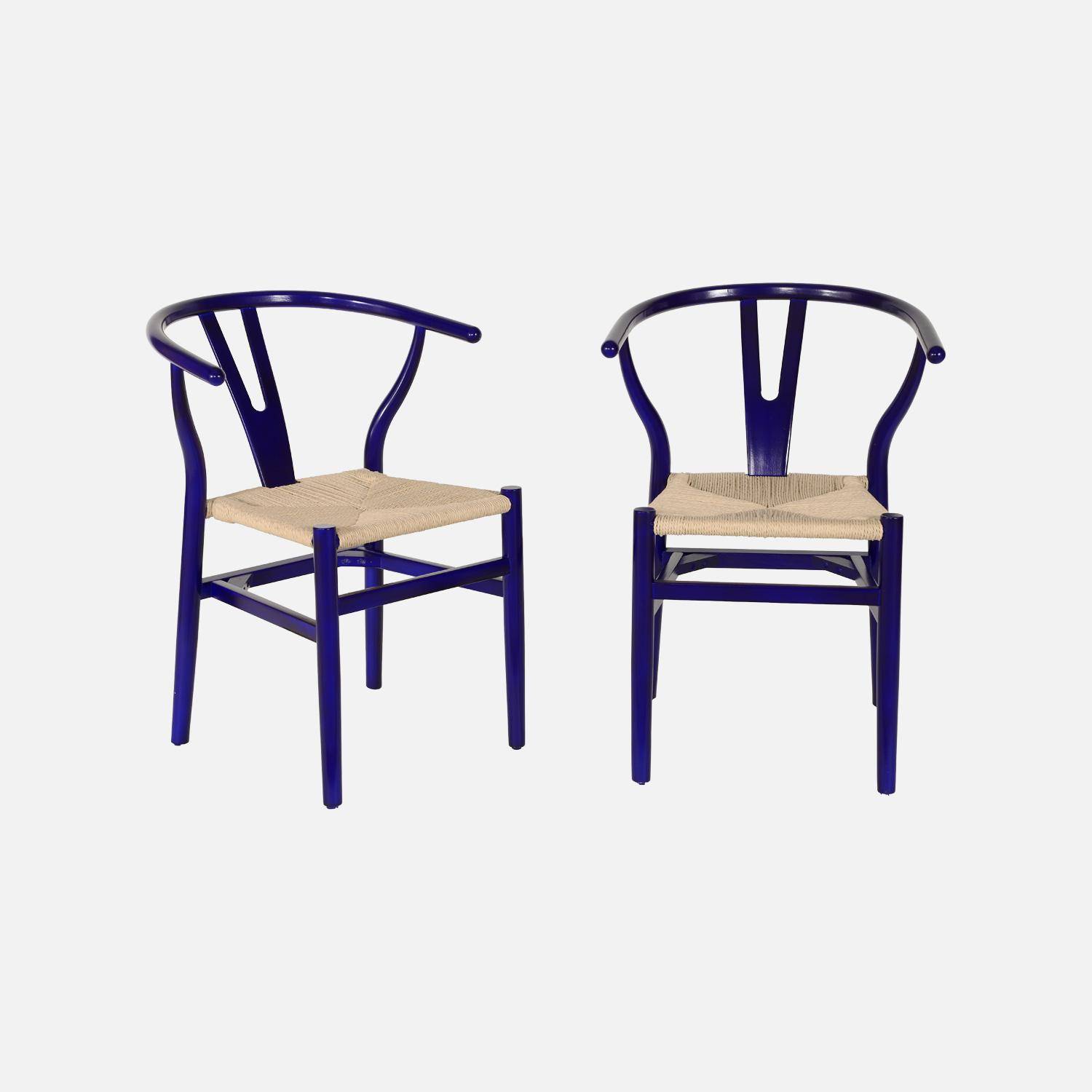 Lot de deux chaises vintage en bois d'hévéa avec assise en cordes et dossier arrondi bleu,sweeek,Photo5