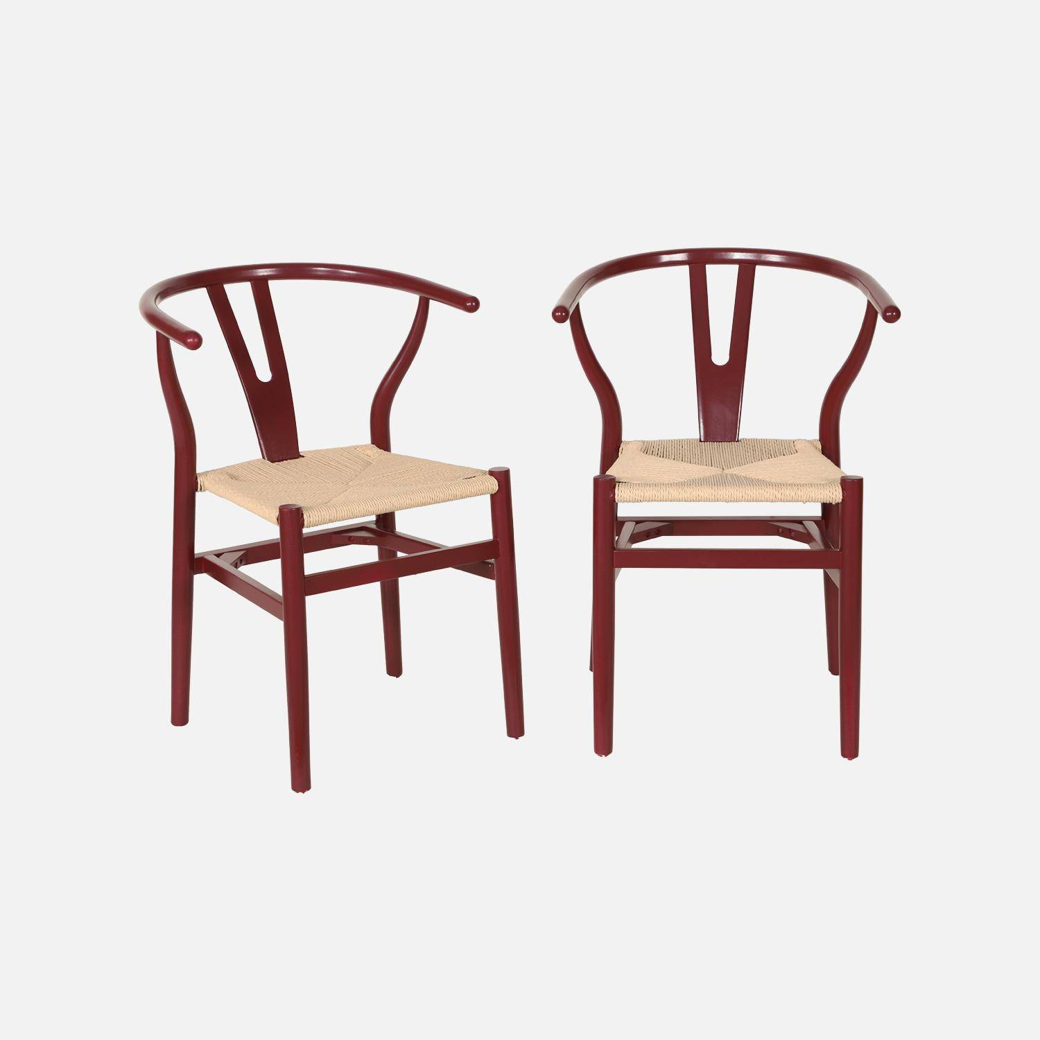 Lot de deux chaises vintage en bois d'hévéa avec assise en cordes et dossier arrondi bordeaux,sweeek,Photo5
