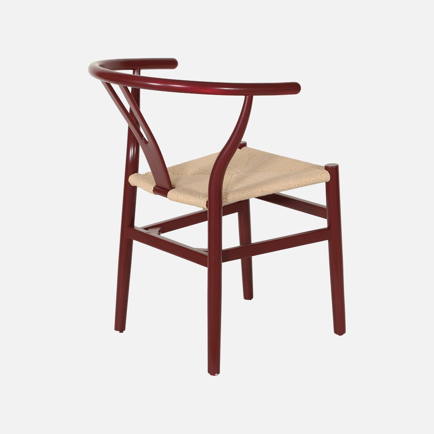 Lot de deux chaises vintage en bois d'hévéa avec assise en cordes et dossier arrondi bordeaux Photo5