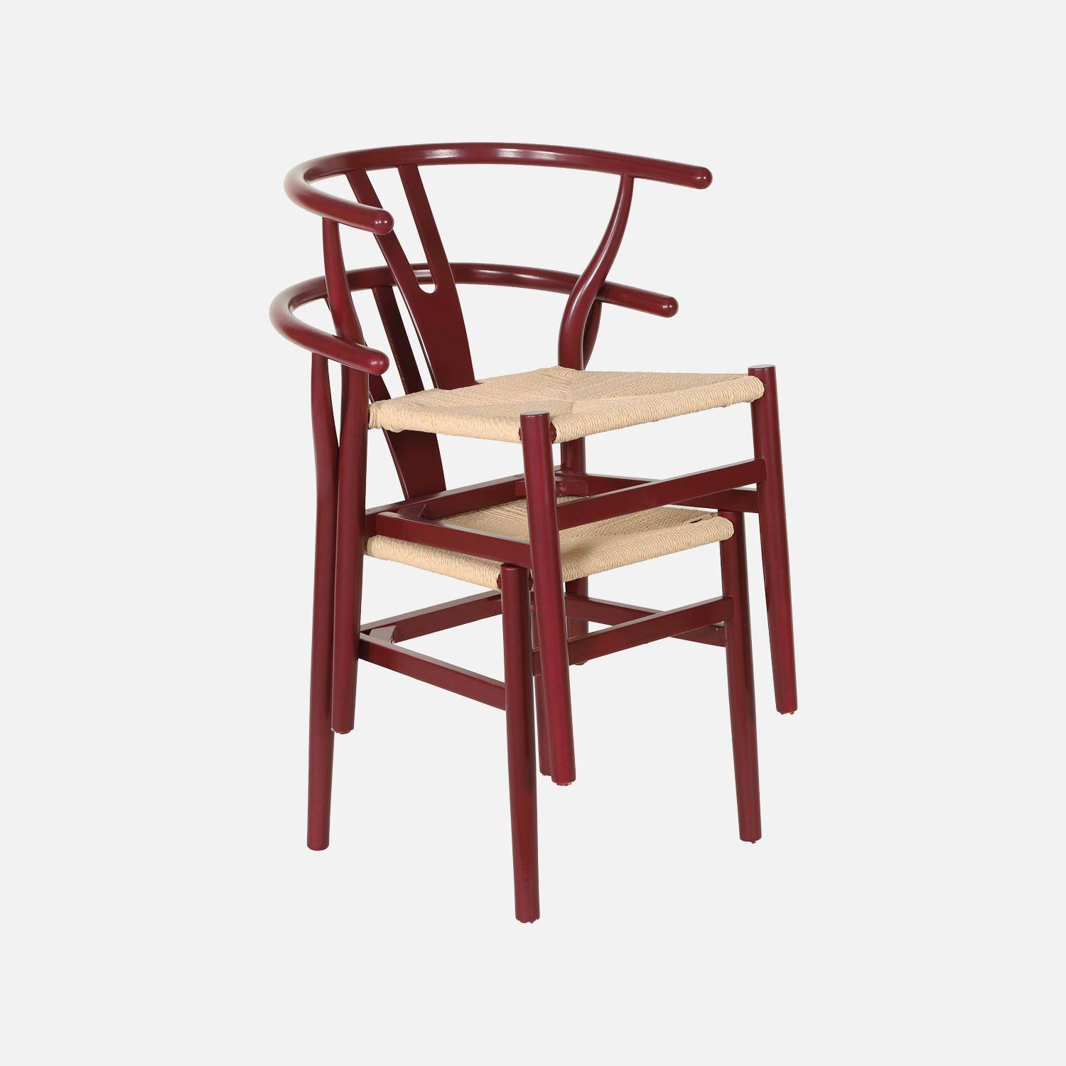 Lot de deux chaises vintage en bois d'hévéa avec assise en cordes et dossier arrondi bordeaux Photo7