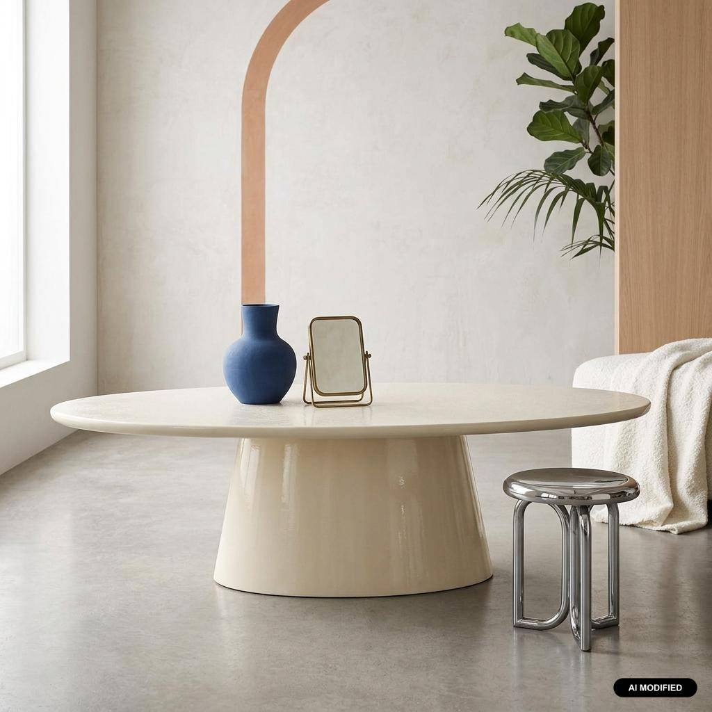 Mesa de centro ovalada acabado efecto hormigón, Nell, Blanco, 120x60x35 cm,sweeek,Photo1