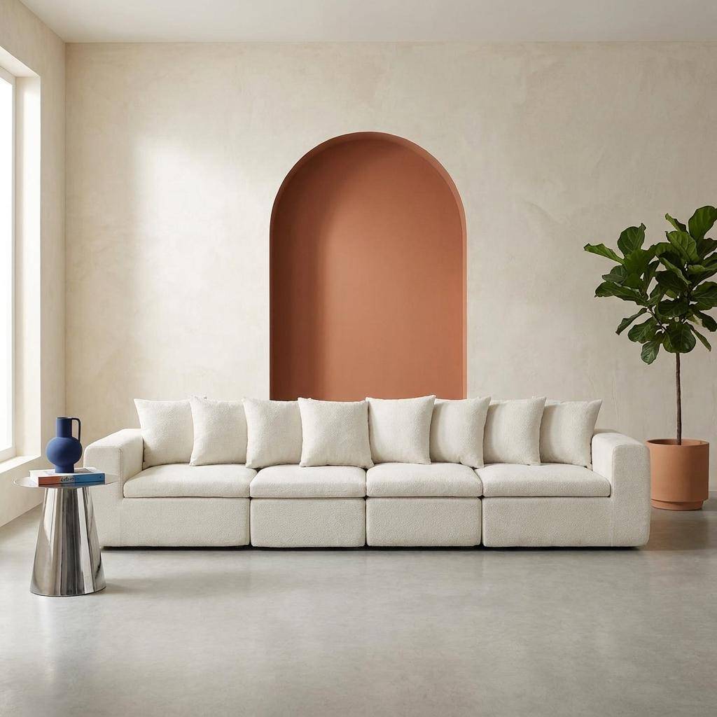 Sofá modular em tecido chenille, 4 lugares Branco - 362x110x62 cm Photo1