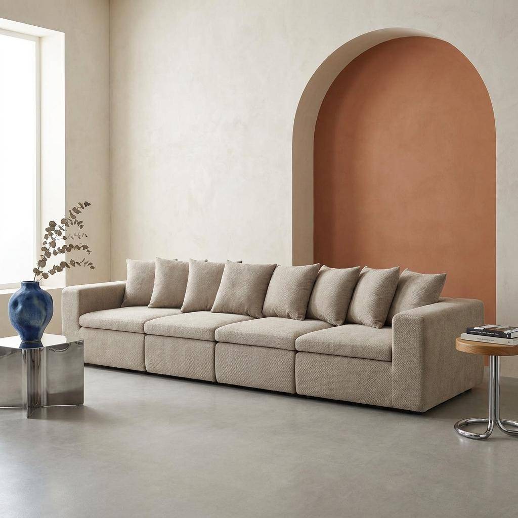 Sofá modular em tecido chenille, 4 lugares Bege escuro - 362x110x62 cm Photo1