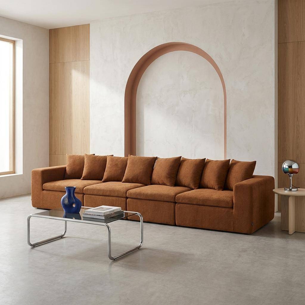 Sofá modular em tecido chenille, 4 lugares Terracota - 362x110x62 cm Photo1