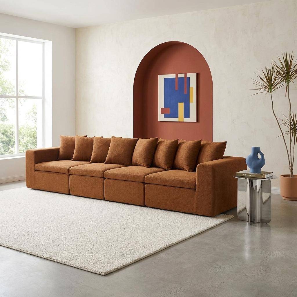 Sofá modular em tecido chenille, 4 lugares Terracota - 362x110x62 cm Photo2