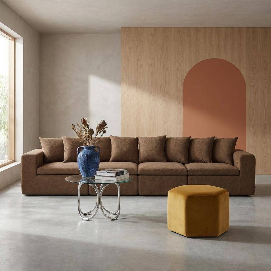 Sofá modular em tecido chenille, 4 lugares Castanho - 362x110x62 cm,sweeek,Photo1
