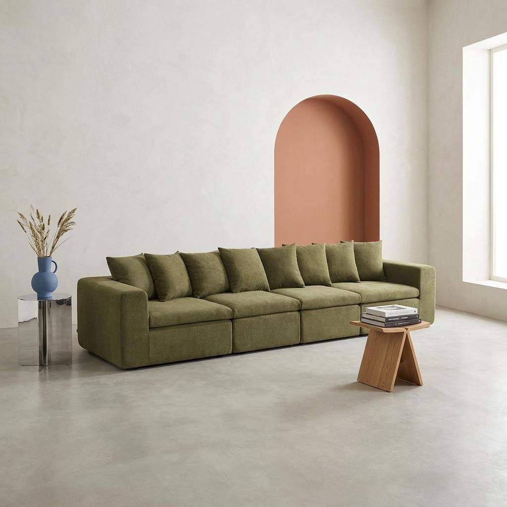 Sofá modular em tecido chenille, 4 lugares Verde - 362x110x62 cm Photo1
