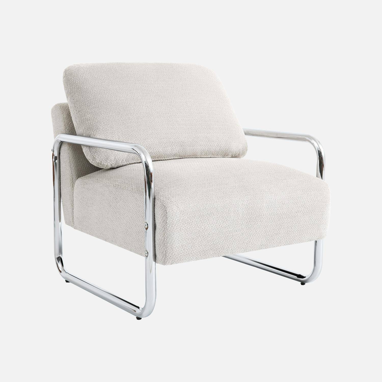 Fauteuil vintage tissu chenille armature chromée blanc cassé - Joe,sweeek,Photo2