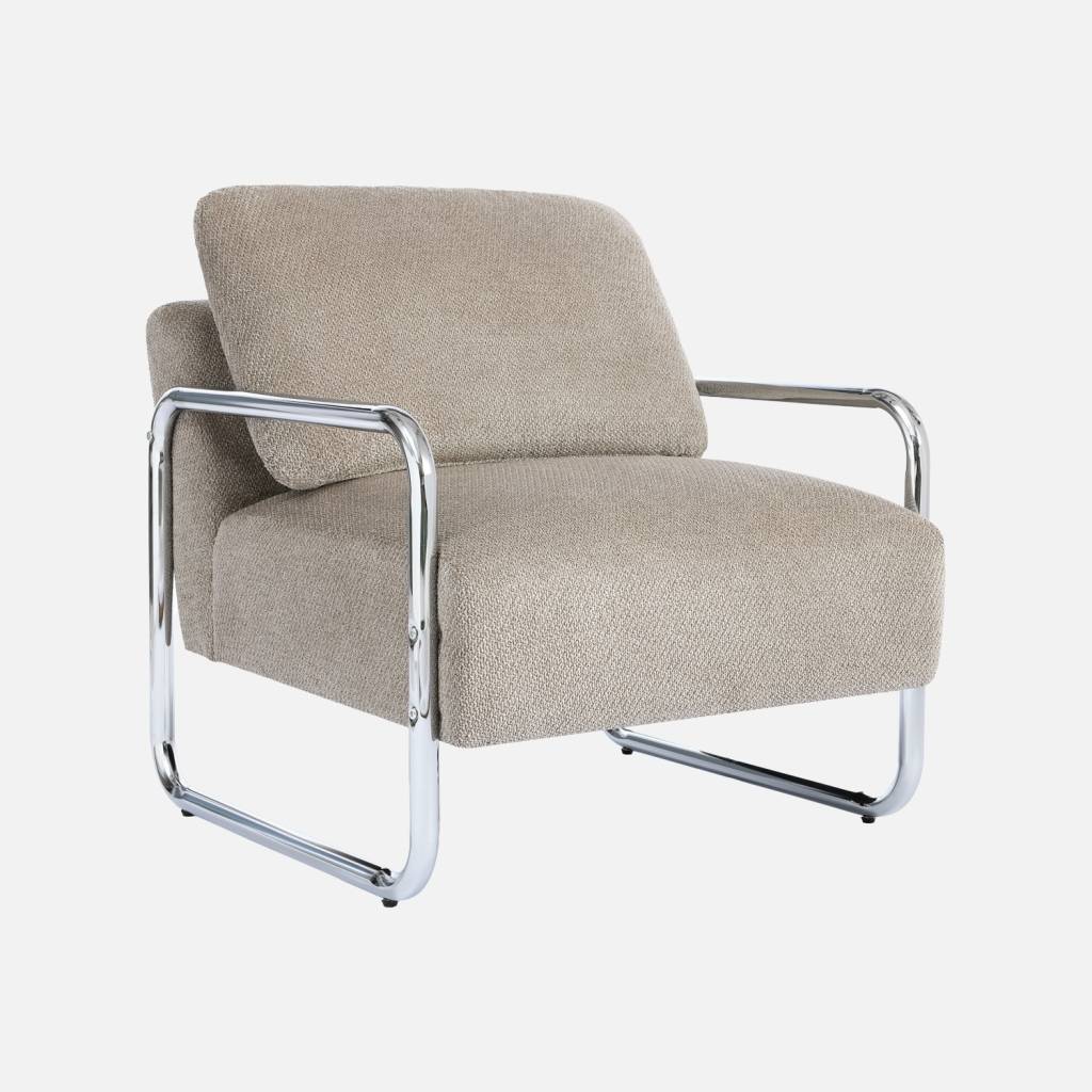 Fauteuil vintage tissu chenille armature chromée beige