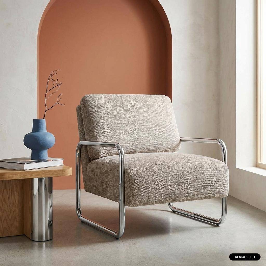 Vintage fauteuil van chenille stof met chromen frame donkerbeige - Joe,sweeek,Photo1