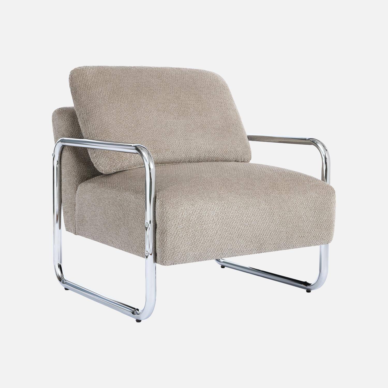 Vintage fauteuil van chenille stof met chromen frame donkerbeige - Joe,sweeek,Photo2
