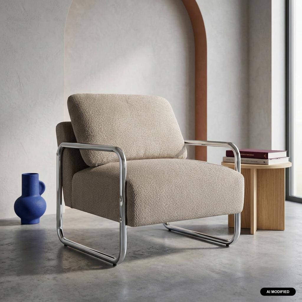 Vintage fauteuil van chenille stof met verchroomd frame donkerbeige - Joe,sweeek,Photo1