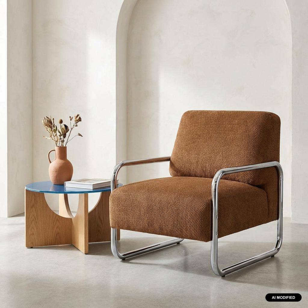 Fauteuil vintage tissu chenille armature chromée terracotta - Joe Photo1