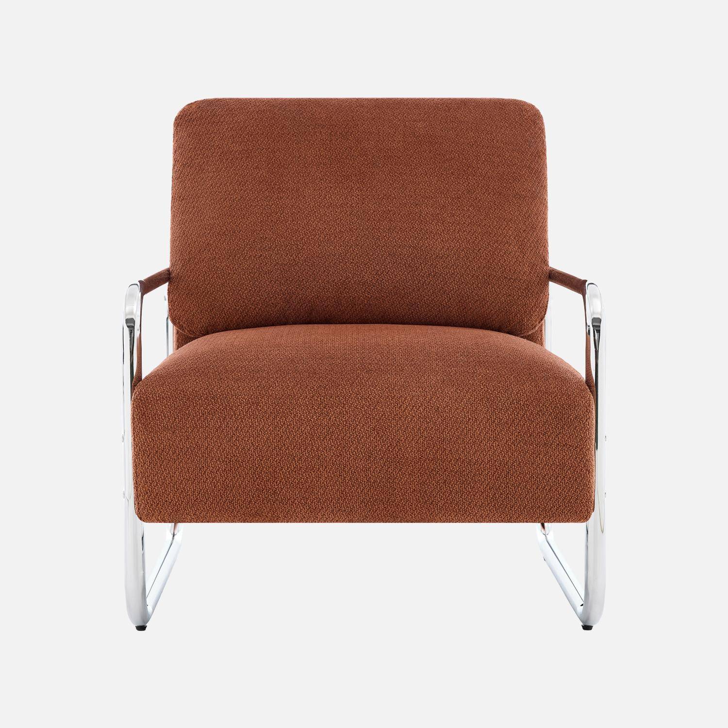 Fauteuil vintage tissu chenille armature chromée brique - Joe Photo2