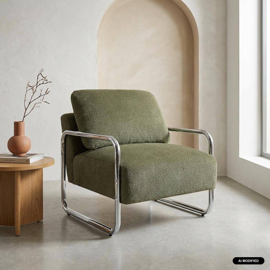 Fauteuil vintage tissu chenille armature chromée kaki - Joe Photo1