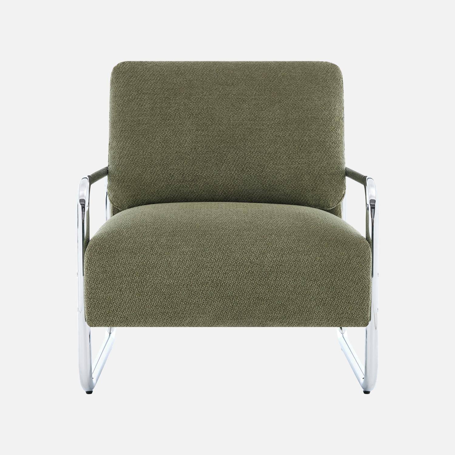 Fauteuil vintage tissu chenille armature chromée kaki - Joe,sweeek,Photo2