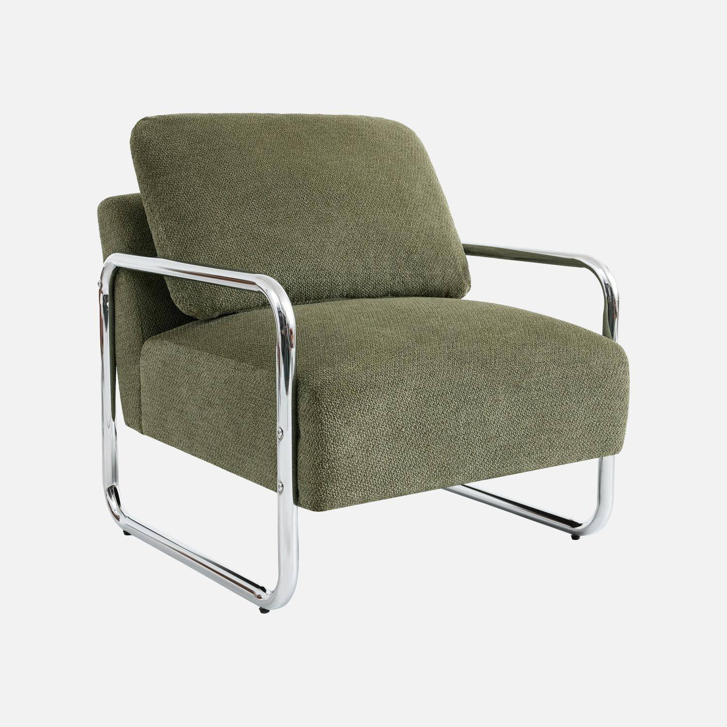 Fauteuil vintage tissu chenille armature chromée kaki - Joe,sweeek,Photo2