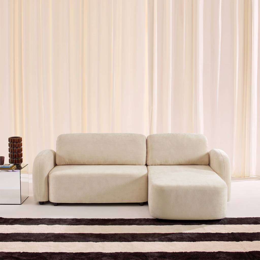 Divano letto angolare reversibile in tessuto con contenitore, 3 posti, Bianco sporco