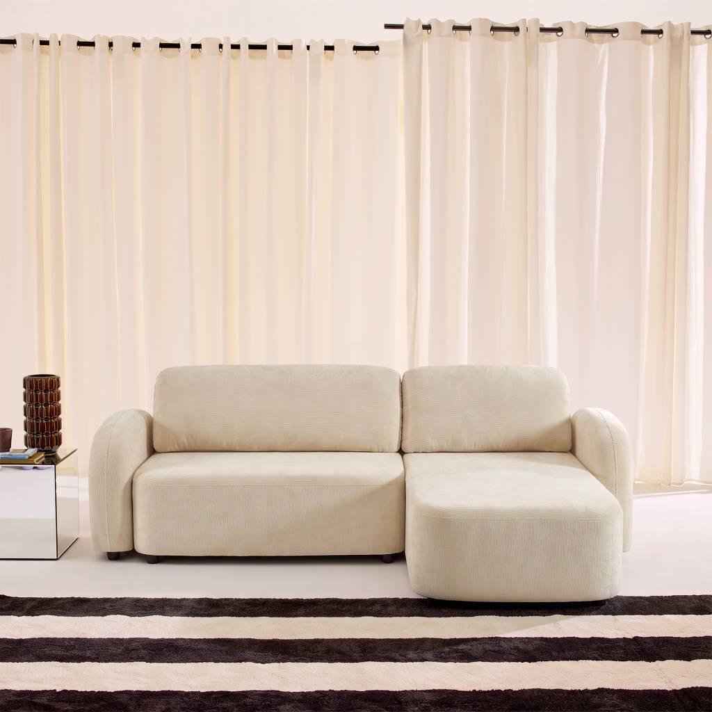 Sofá cama esquinero reversible con espacio de almacenamiento, 3 plazas, Blanco roto