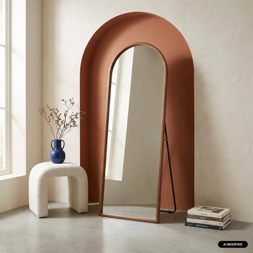 Specchio da terra ad arco in legno di hevea con base in acciaio, 170 cm Noce - 170x60x3 cm Photo1