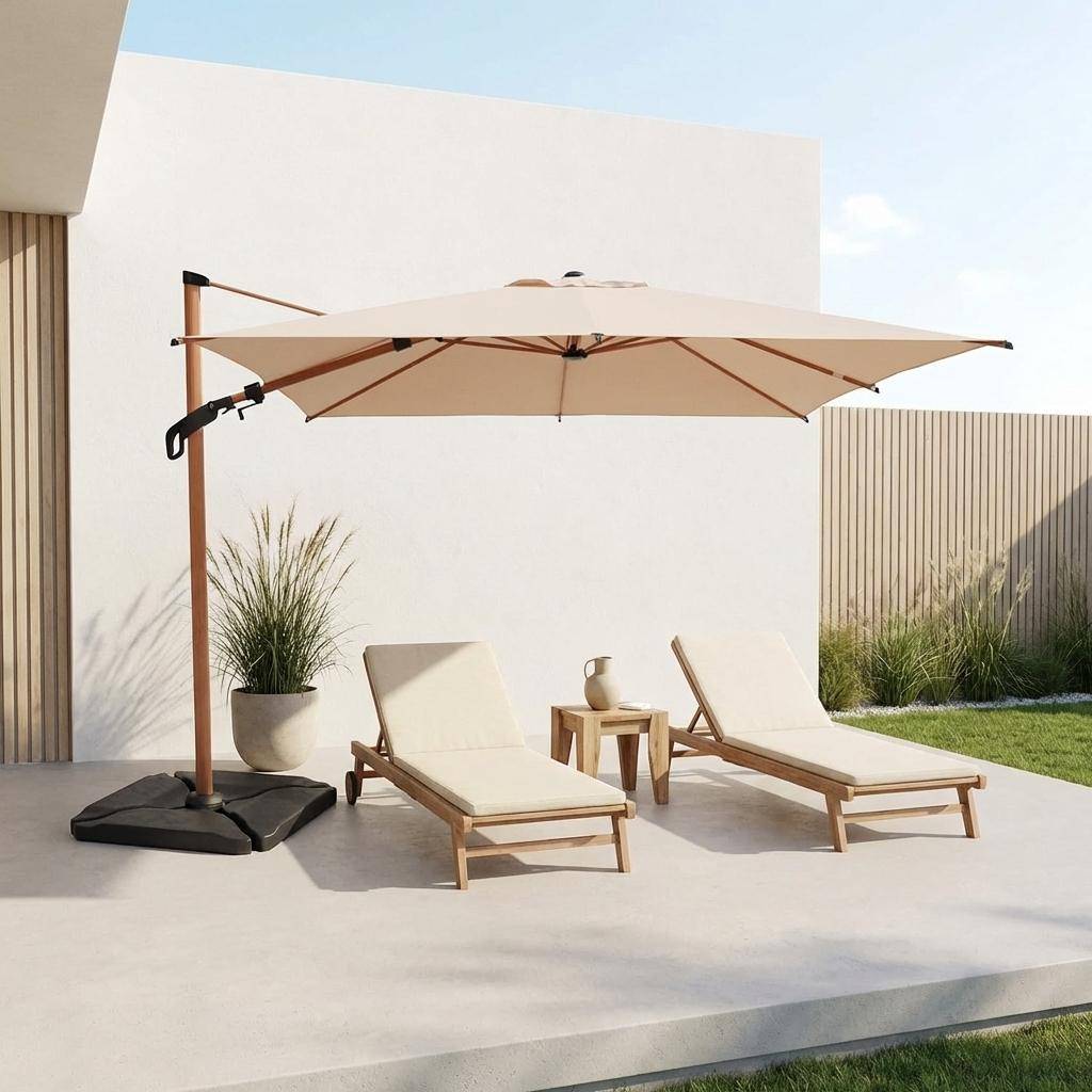 Parasol excéntrico rectangular mástil efecto madera , 3x4m + Base 50 Beige - 392x304x265 cm,sweeek,Photo1
