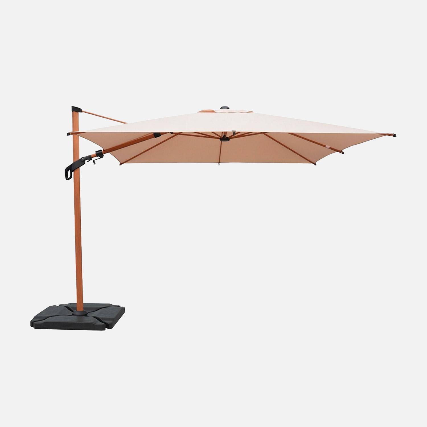 Guarda-sol quadrado excêntrico com mastro efeito madeira, 3x3m + base com peso Bege - 295x303x256 cm,sweeek,Photo2