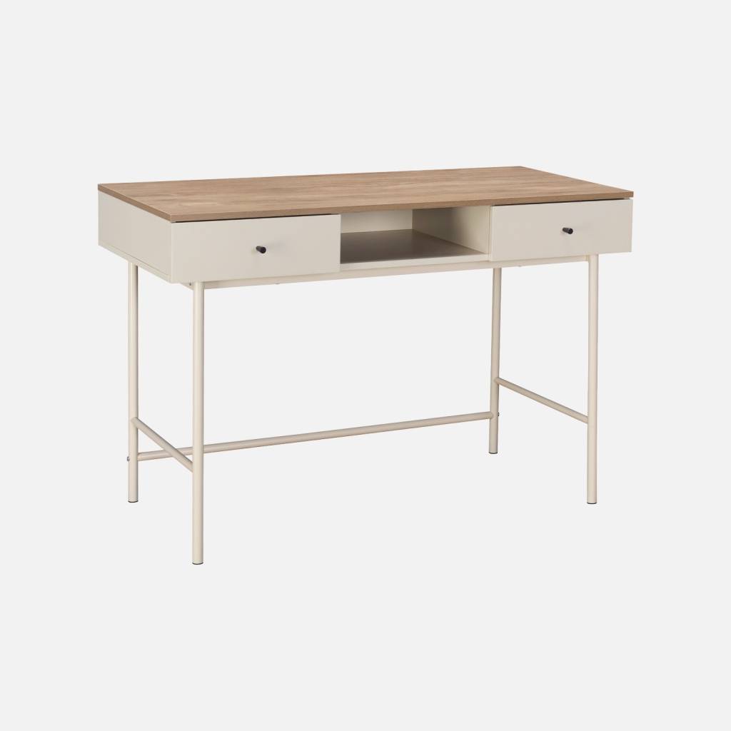 Bureau décor bois et fer 2 tiroirs 1 casier beige