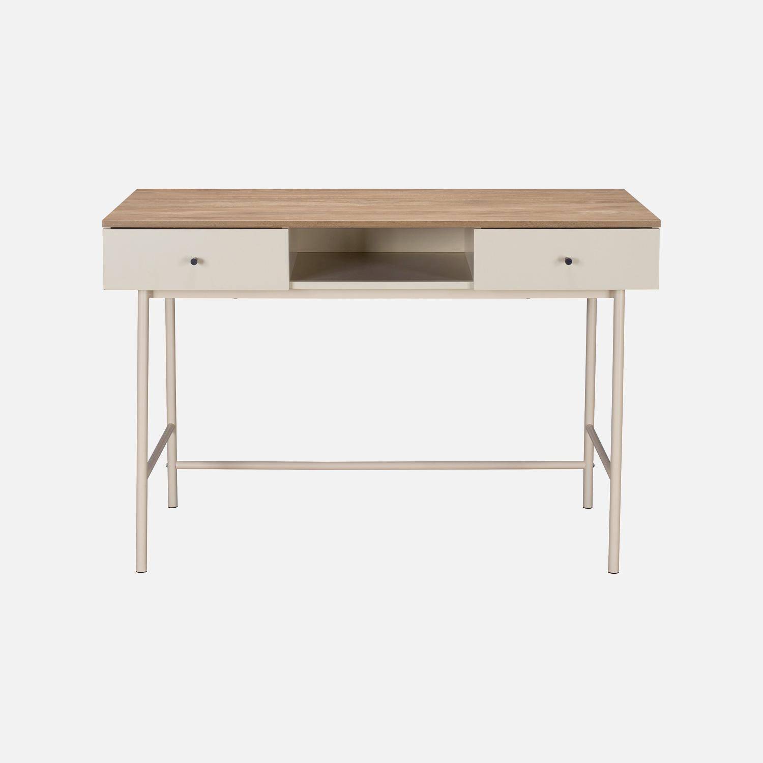 Bureau décor bois et fer 2 tiroirs 1 casier beige - William Photo2