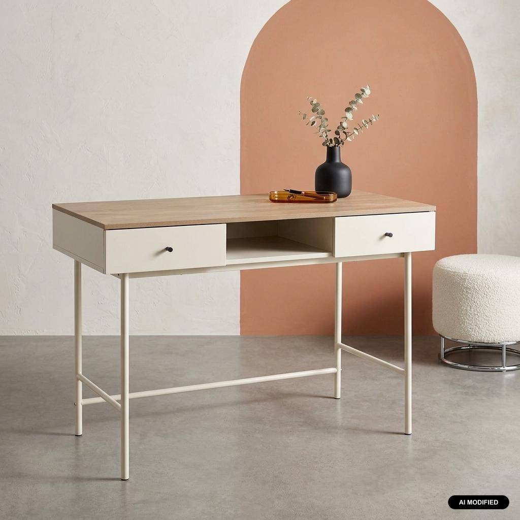 Escritorio con efecto madera y hierro con 2 cajones y 1 compartimento, William, Beige, 120x55x80 cm,sweeek,Photo1