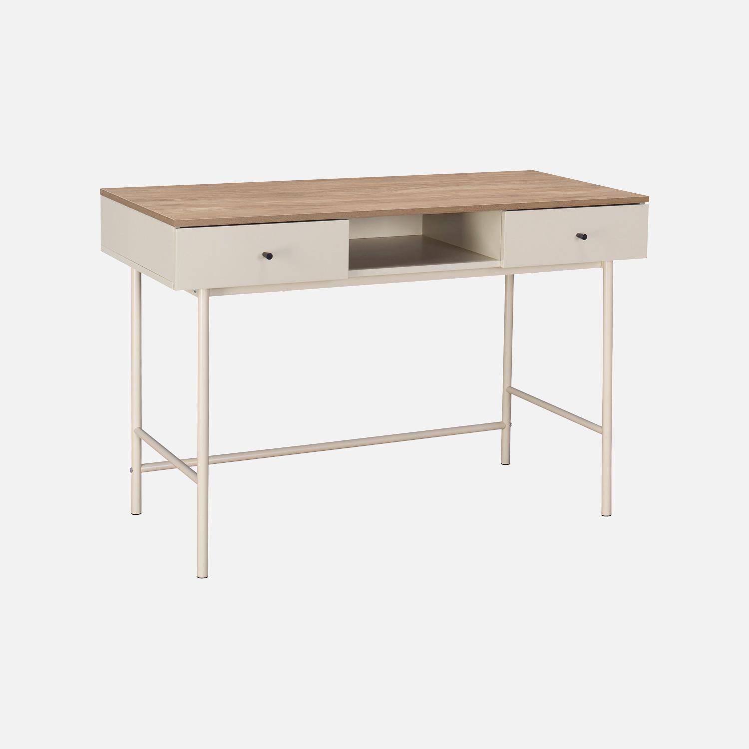 Escritorio con efecto madera y hierro con 2 cajones y 1 compartimento, William, Beige, 120x55x80 cm,sweeek,Photo2