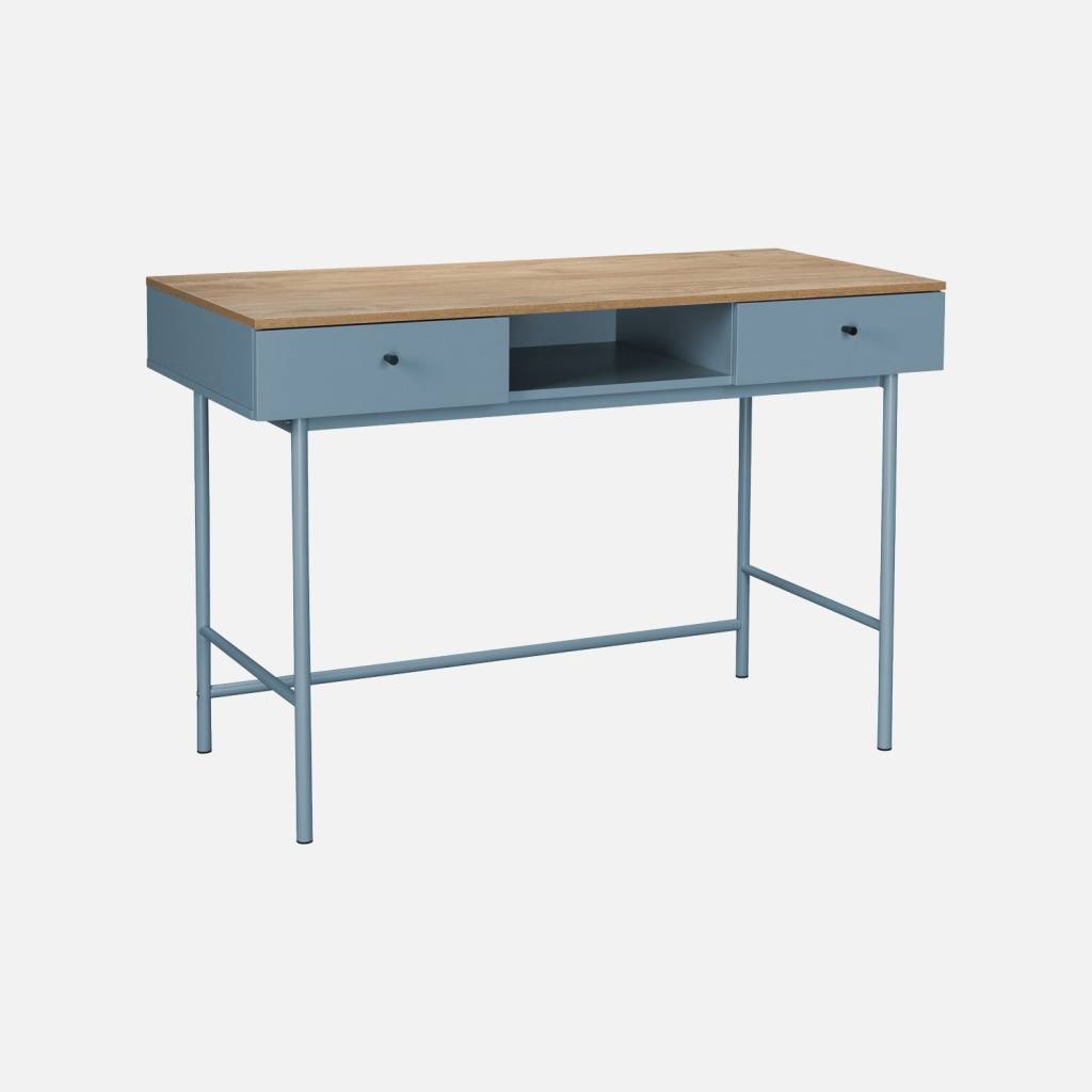 Bureau décor bois et fer 2 tiroirs 1 casier bleu