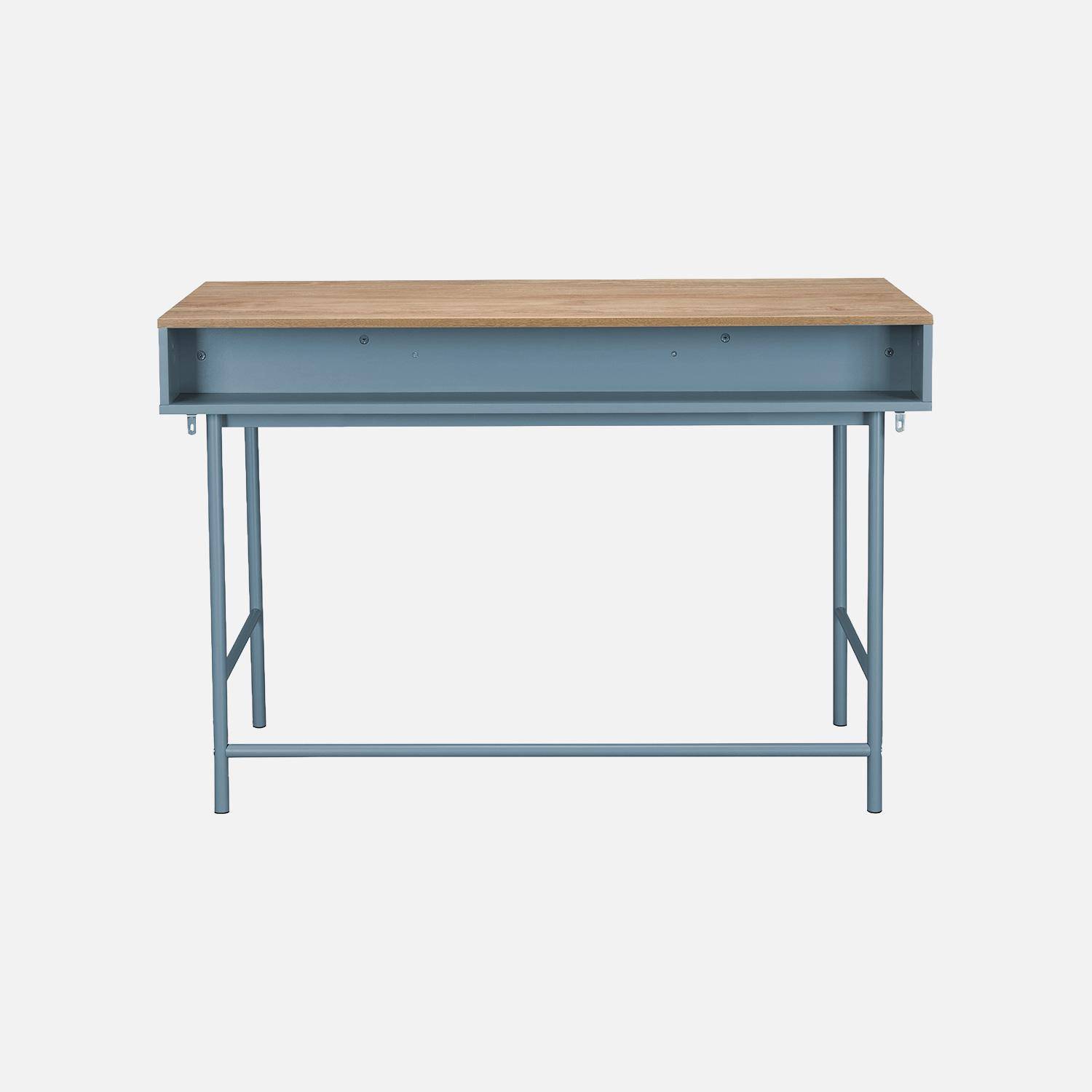 Bureau décor bois et fer 2 tiroirs 1 casier bleu - William Photo5