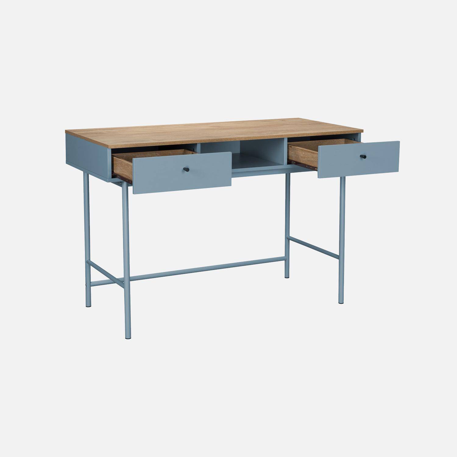Bureau décor bois et fer 2 tiroirs 1 casier bleu - William Photo4