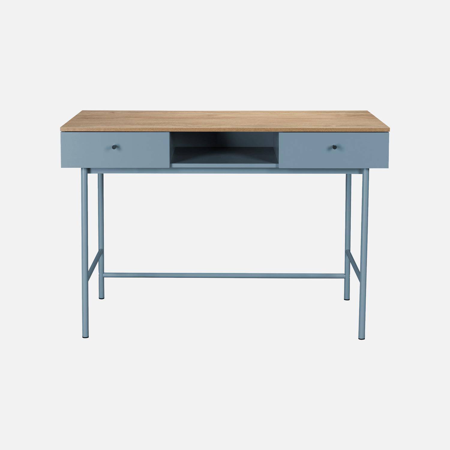 Bureau décor bois et fer 2 tiroirs 1 casier bleu - William Photo3