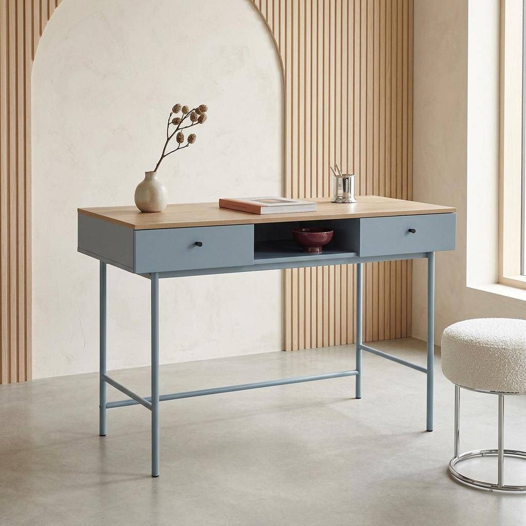 Bureau décor bois et fer 2 tiroirs 1 casier bleu - William Photo1