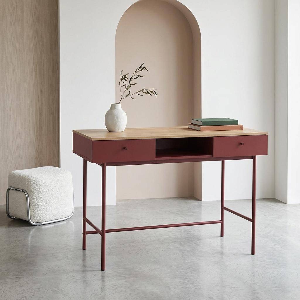 Bureau décor bois et fer 2 tiroirs 1 casier bordeaux - William Photo1