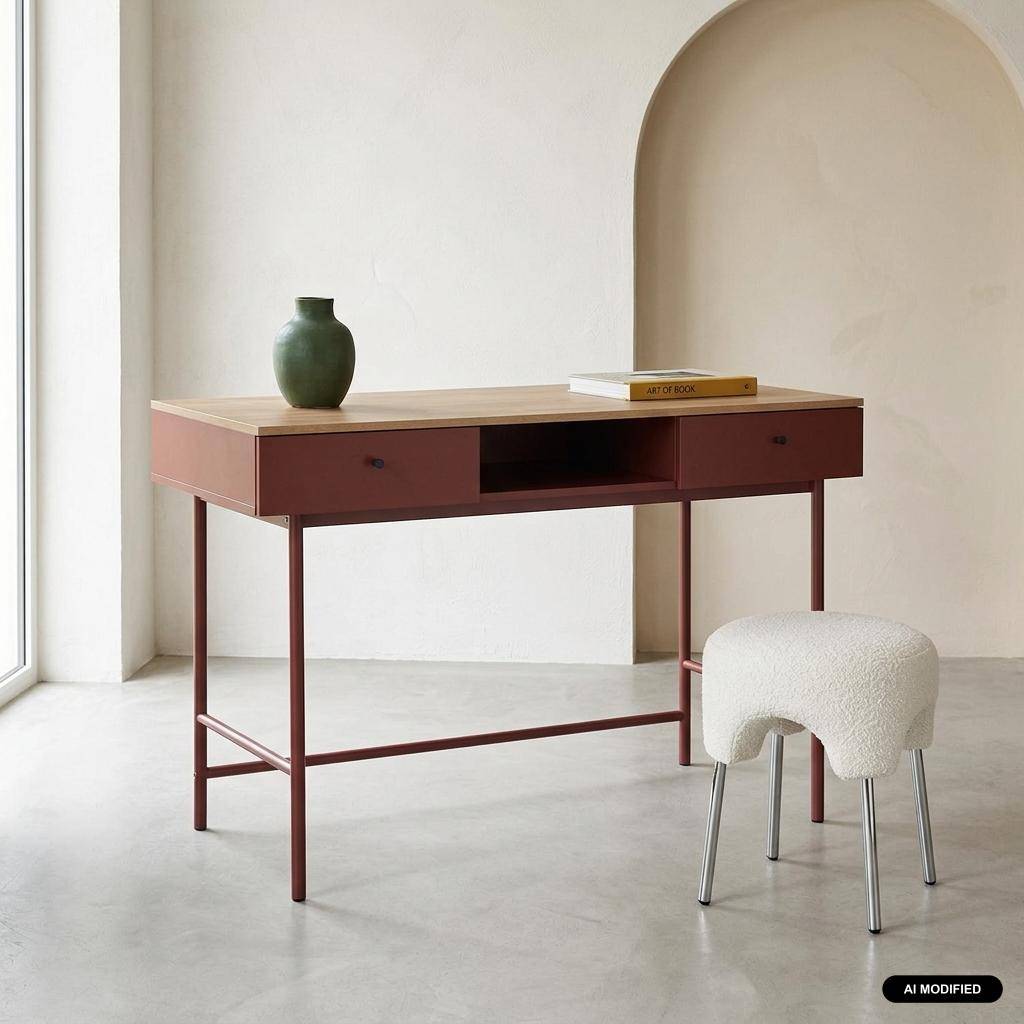 Escritorio con efecto madera y hierro con 2 cajones y 1 compartimento, William, Burdeos, 120x55x80 cm,sweeek,Photo1