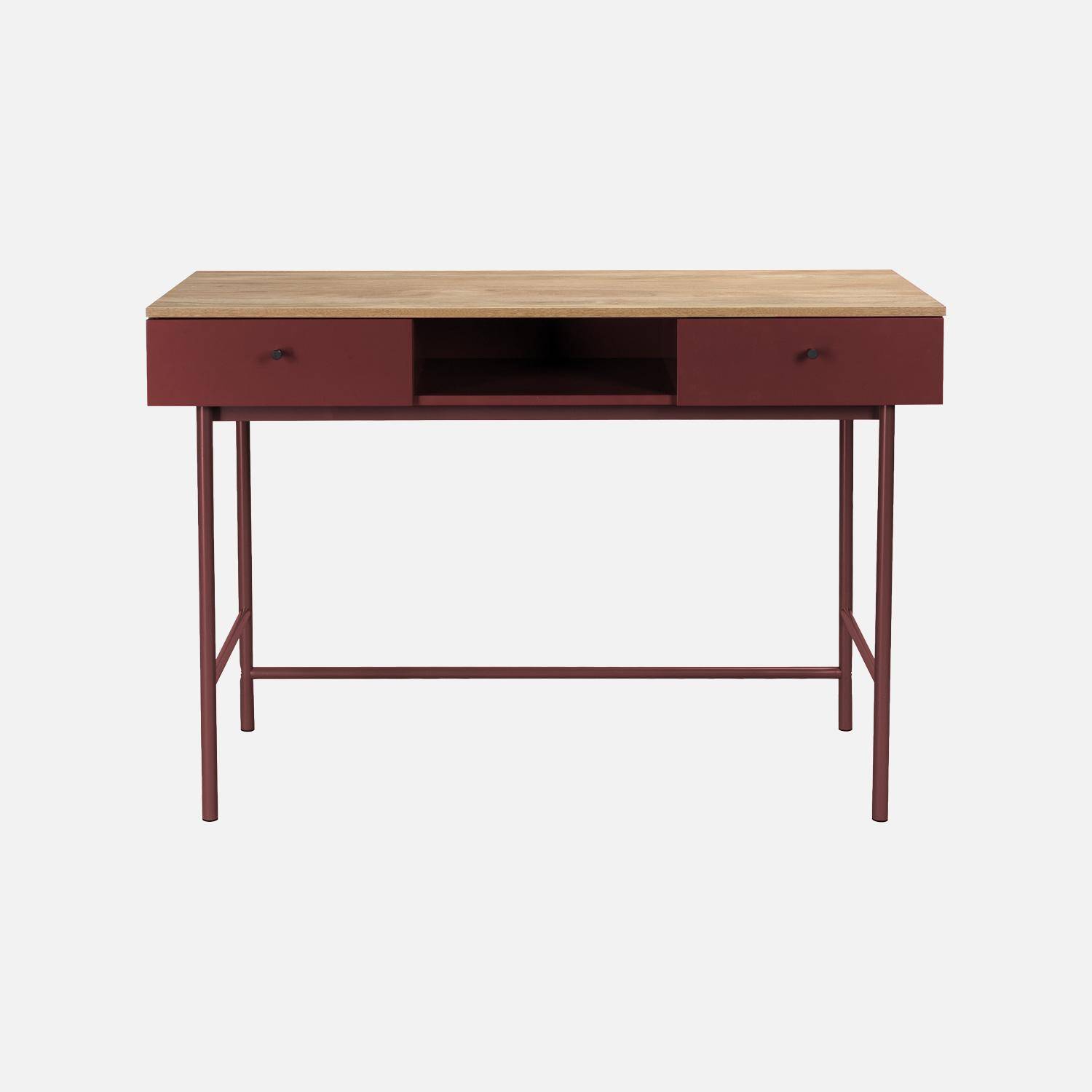 Scrivania decorativa in legno e ferro con 2 cassetti e 1 scomparto, William, Bordeaux, 120x55x80 cm,sweeek,Photo2
