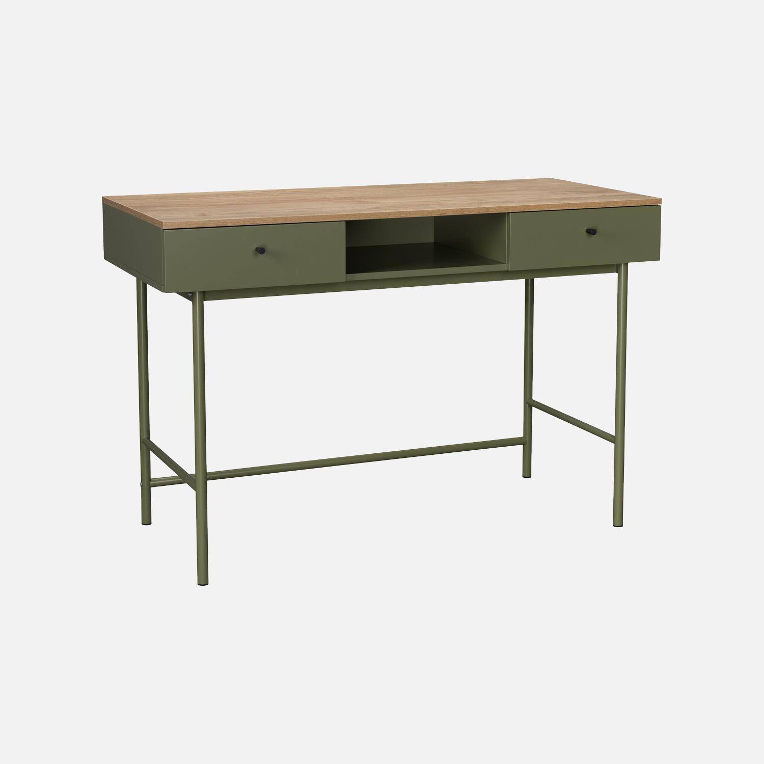 Bureau décor bois et fer 2 tiroirs 1 casier kaki - William Photo2