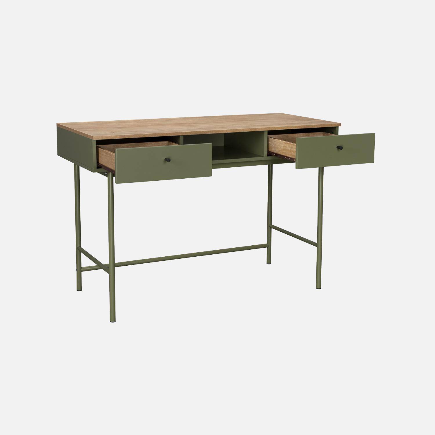 Bureau décor bois et fer 2 tiroirs 1 casier kaki - William Photo4